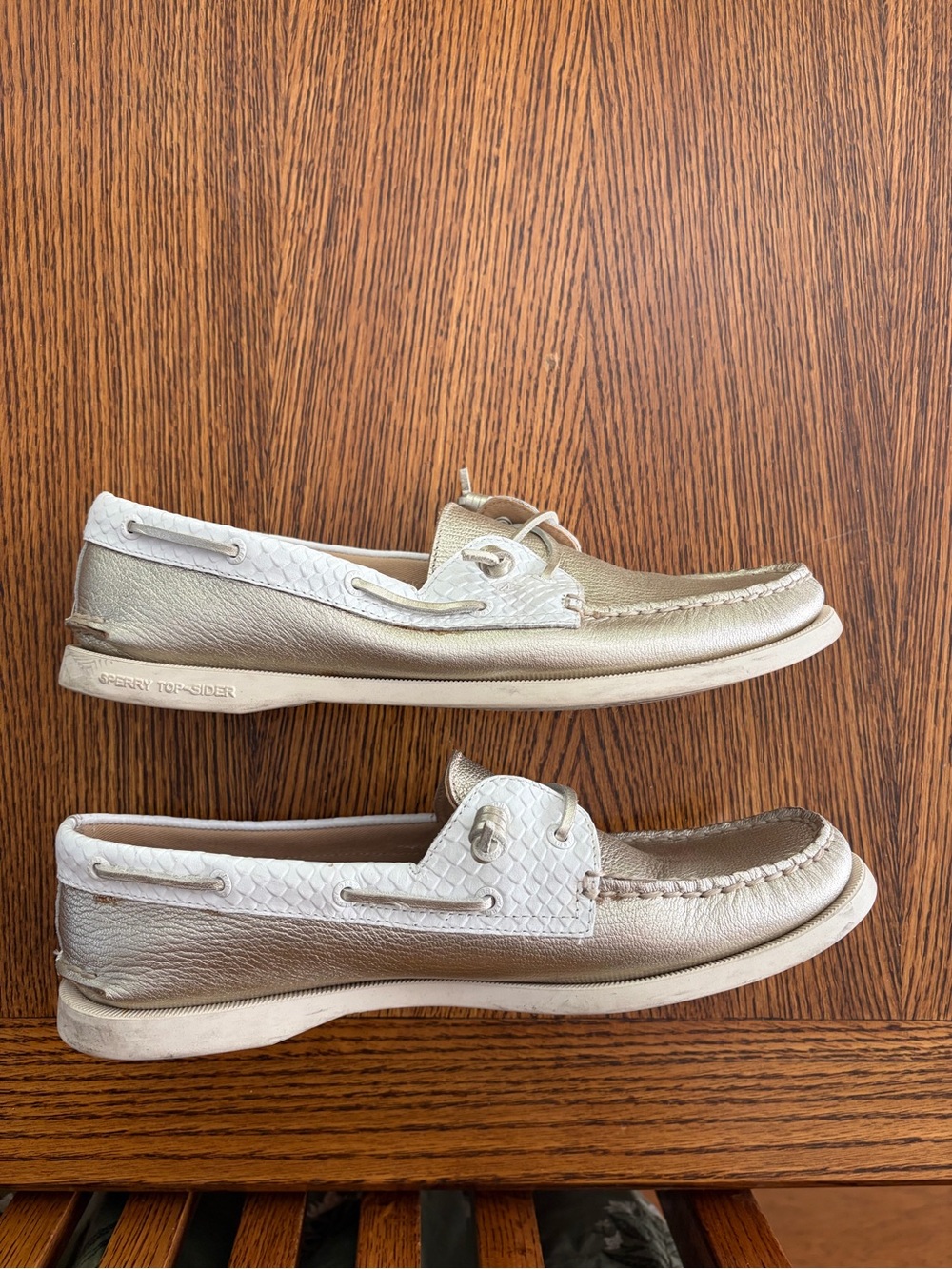 Sperry Metallic Gold and White Leather Boat Shoes